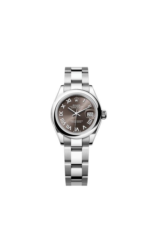 ساعة Lady-Datejust 28 من الفولاذ Oystersteel، ميناء باللون الرمادي الداكن، سوار Oyster، مقاس 28 مم، ذاتية التعبئة