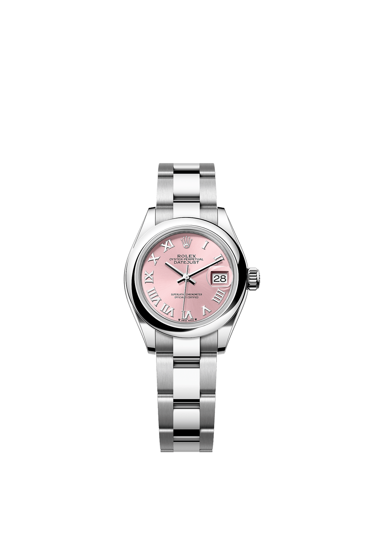 ساعة Lady-Datejust 28 من الفولاذ Oystersteel بميناء وردي وسوار Oyster مقاس 28 مم ذاتية التعبئة