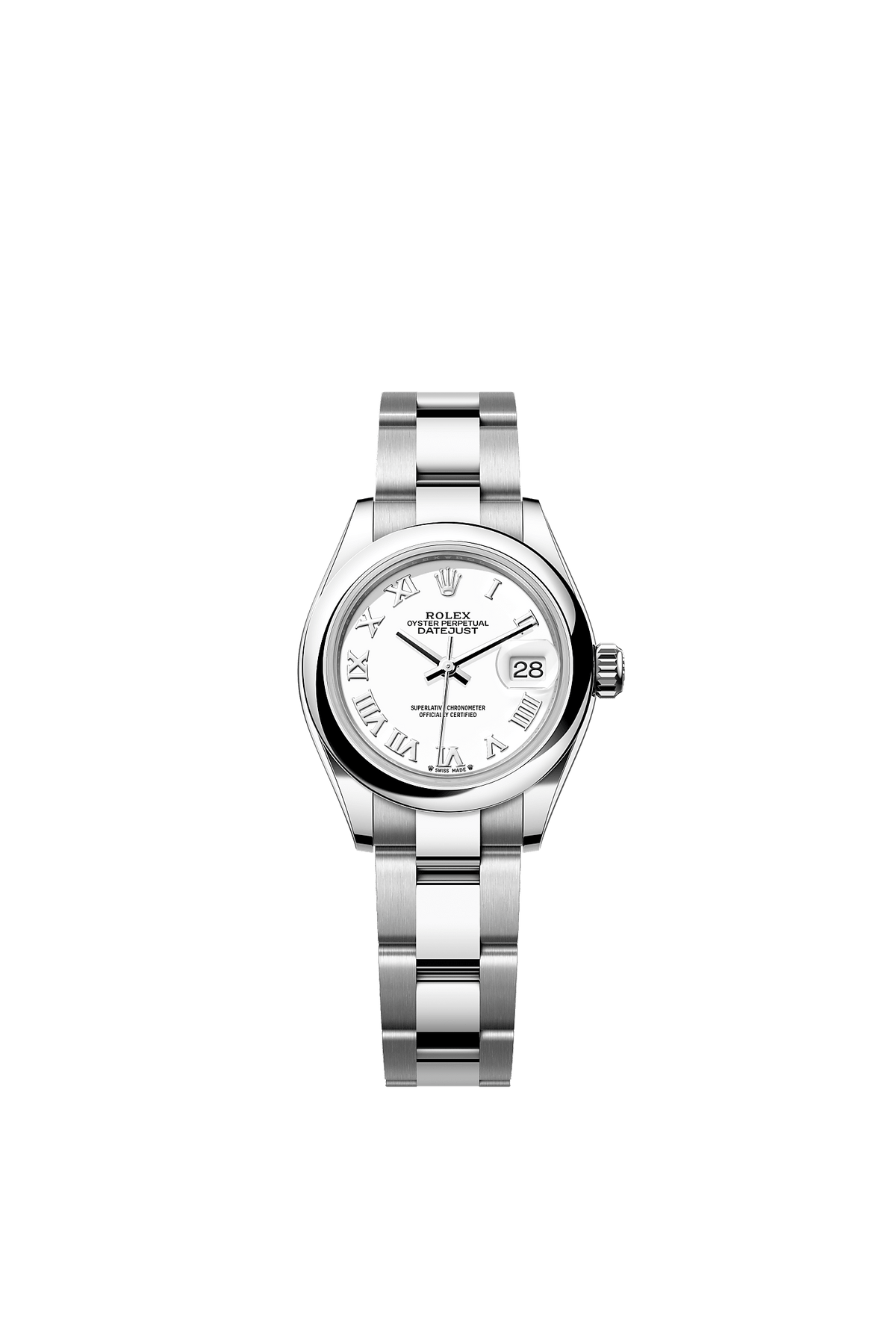 ساعة Lady-Datejust 28 من الفولاذ Oystersteel بميناء أبيض وسوار Oyster مقاس 28 مم ذاتية التعبئة