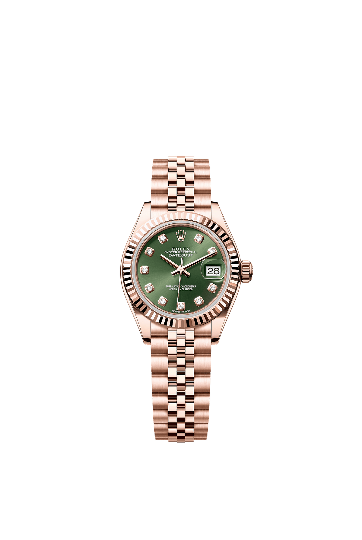 Lady-Datejust Oyster Chronometer Watch 28mm 18ct Everose Gold Olive Green Diamond Dial Jubilee Bracelet