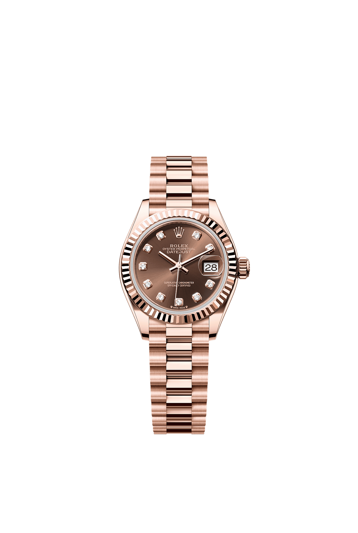 Lady-Datejust Oyster Chronometer Watch 28mm 18ct Everose Gold Chocolate Diamond Dial President Bracelet