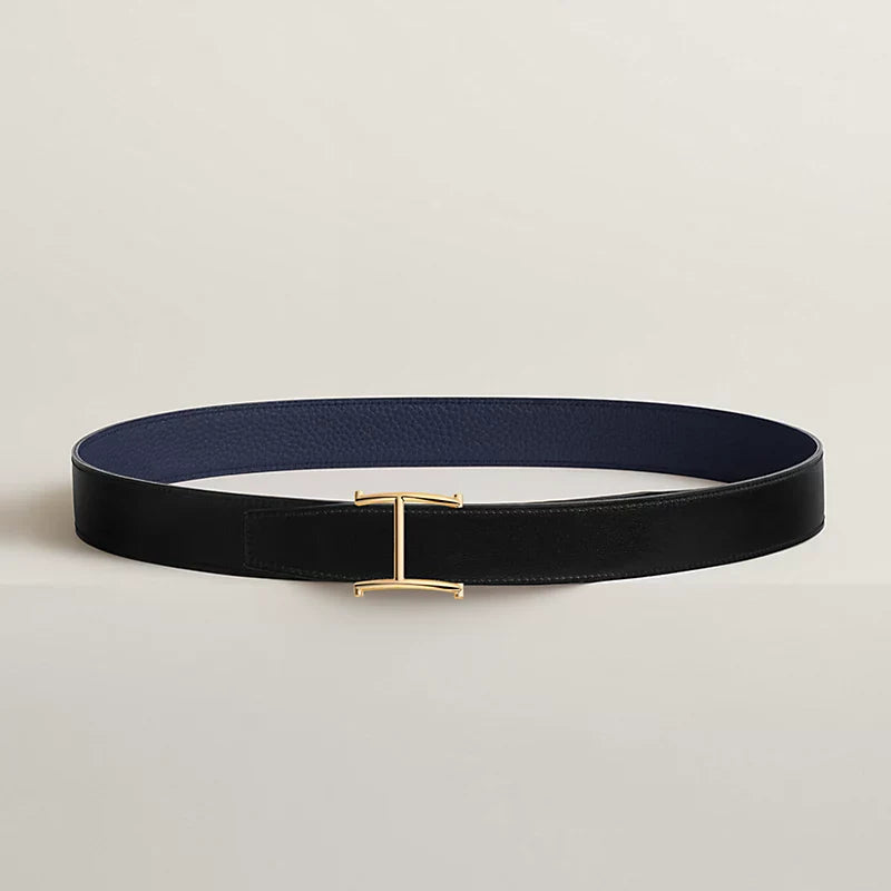 حزام NOIR / GOLD - BLEU MARINE / ÉCORCE SERIF بإبزيم وحزام جلدي ذو وجهين 32 مم